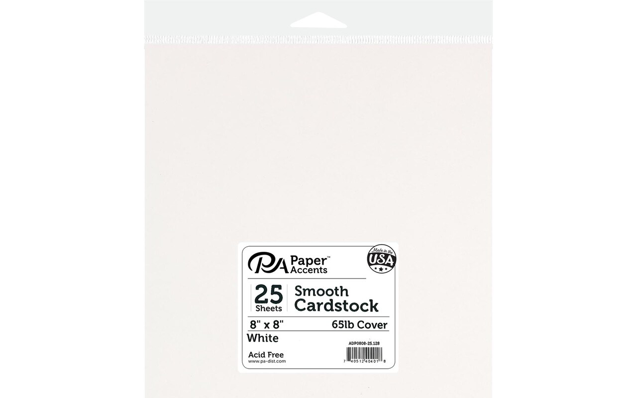 PA Paper Accents Smooth Cardstock 8&#x22; x 8&#x22; White, 65lb colored cardstock paper for card making, scrapbooking, printing, quilling and crafts, 25 piece pack
